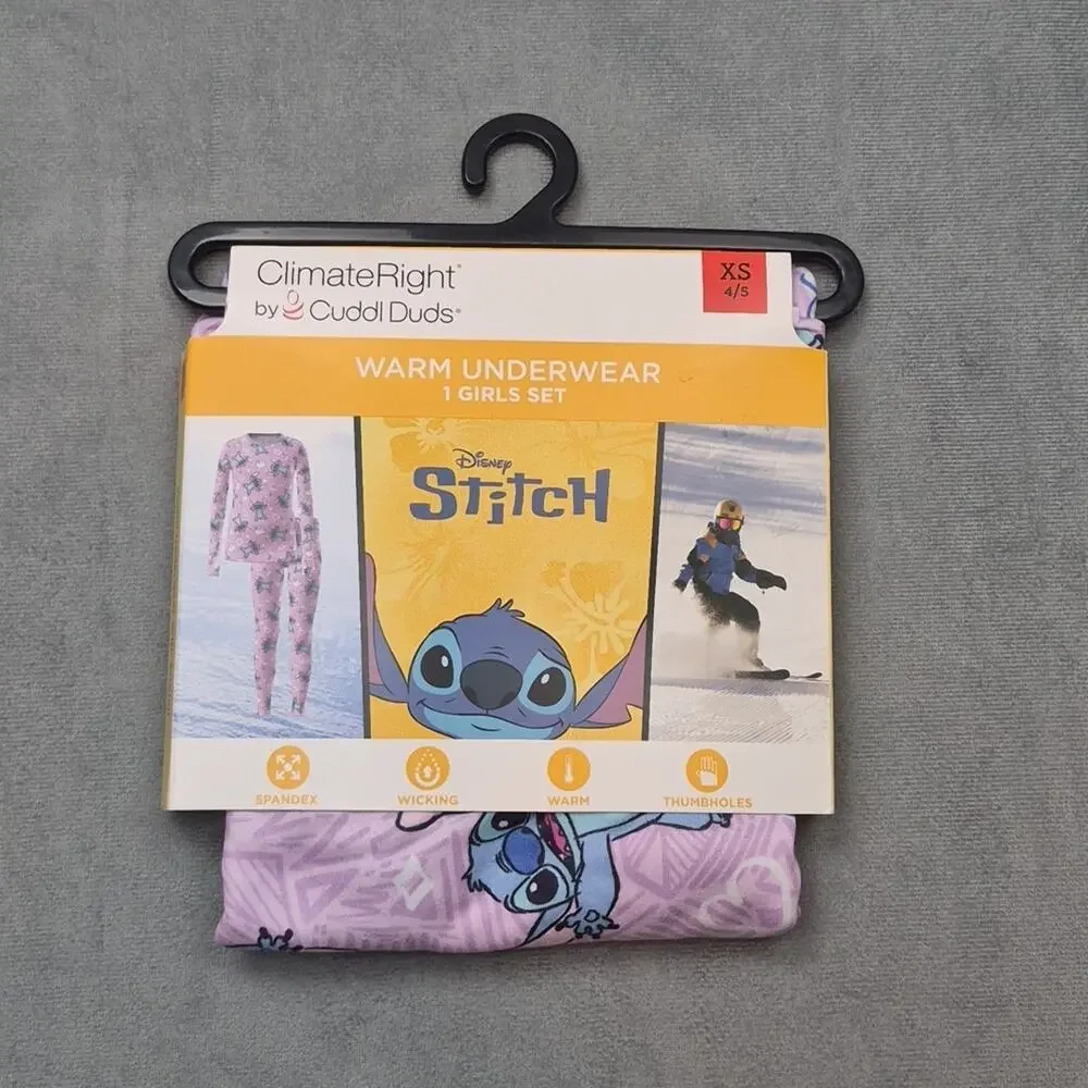 Girls Disney Lilo & Stitch Climate Right Cuddl Duds Thermal Underwear Pajamas XS